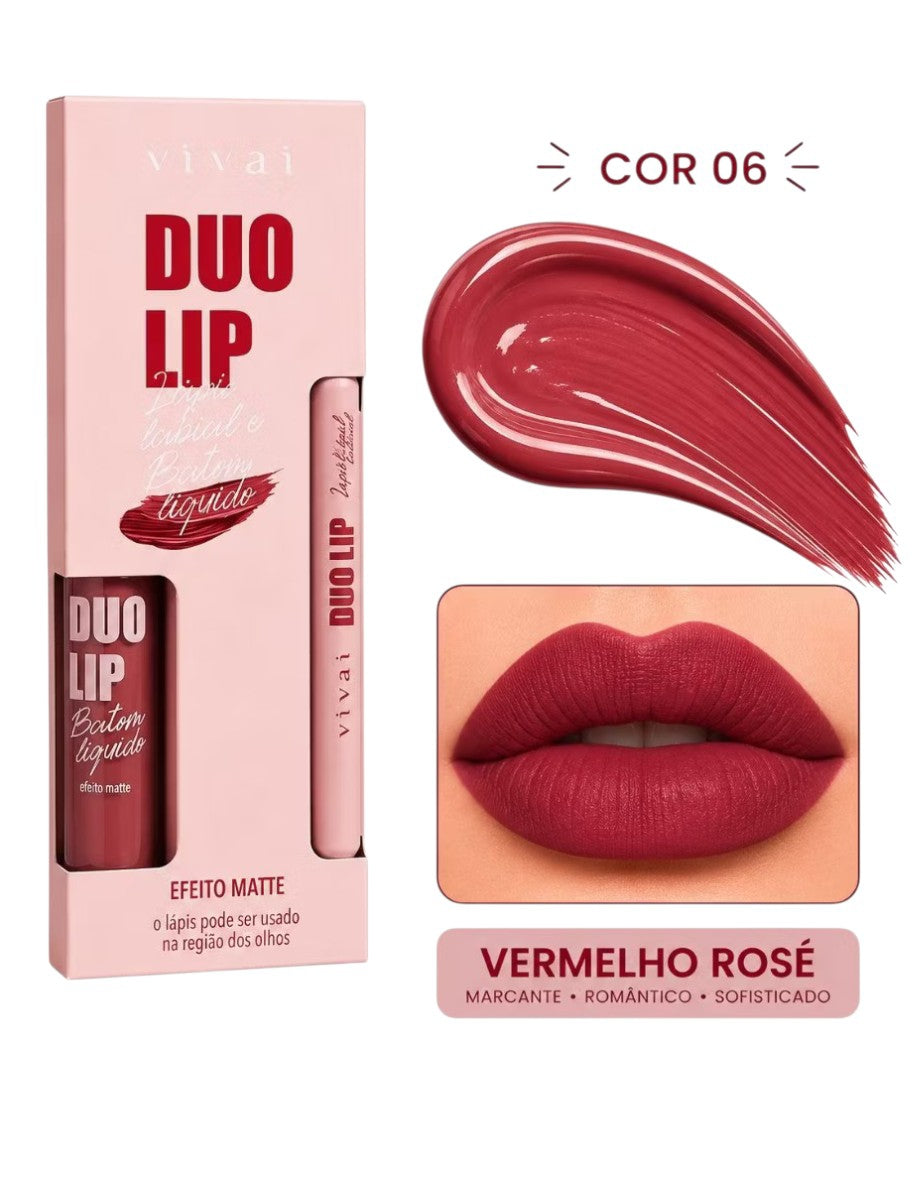 Kit Batom Matte Vivai Duo Lip com Lápis Labial 2 em 1 Efeito Aveludado