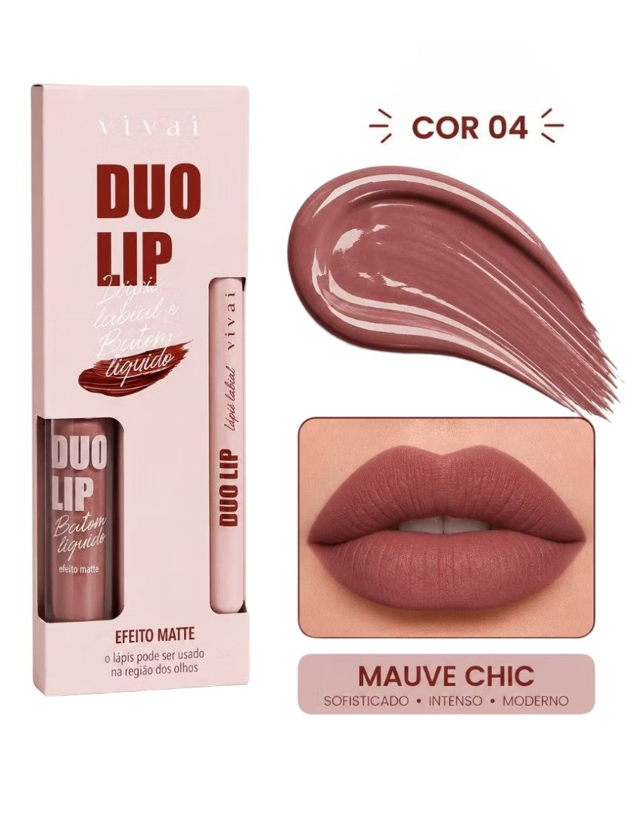 Kit Batom Matte Vivai Duo Lip com Lápis Labial 2 em 1 Efeito Aveludado