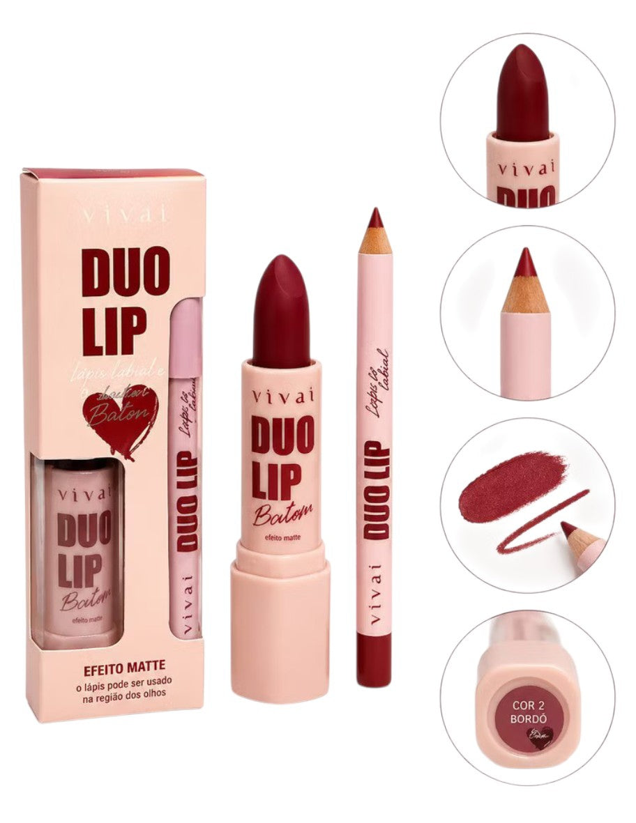 Kit Batom Matte Vivai Duo Lip com Lápis Labial 2 em 1 Efeito Aveludado