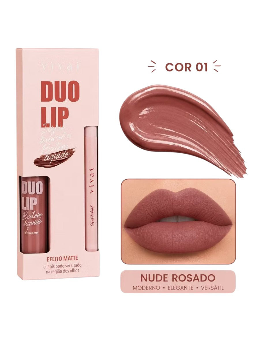 Kit Batom Matte Vivai Duo Lip com Lápis Labial 2 em 1 Efeito Aveludado