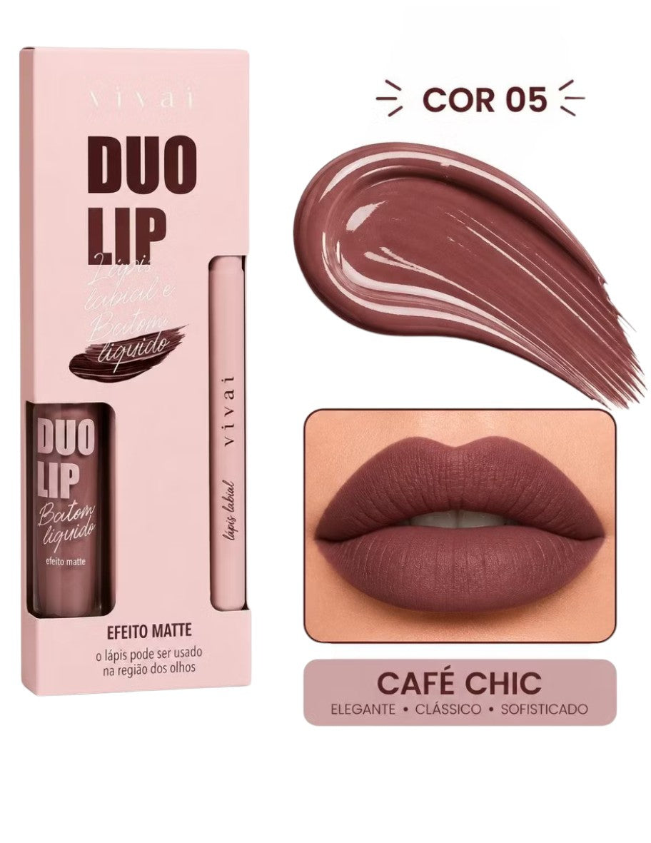 Kit Batom Matte Vivai Duo Lip com Lápis Labial 2 em 1 Efeito Aveludado