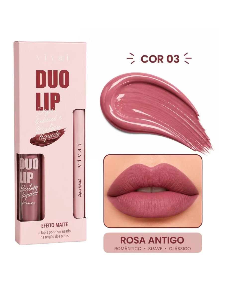 Kit Batom Matte Vivai Duo Lip com Lápis Labial 2 em 1 Efeito Aveludado